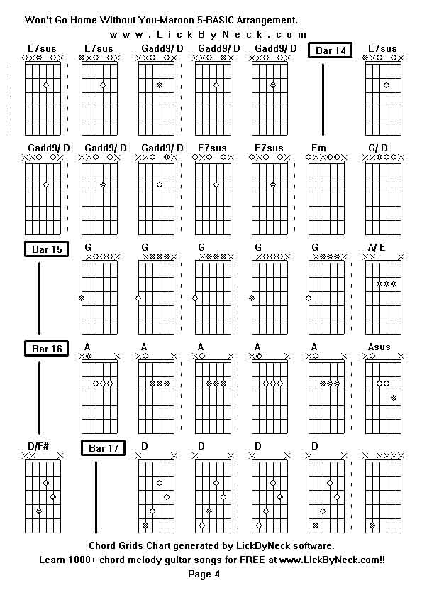 Chord Grids Chart of chord melody fingerstyle guitar song-Won't Go Home Without You-Maroon 5-BASIC Arrangement,generated by LickByNeck software.